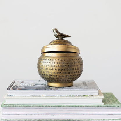 Round Hammered Metal Container with Bird Finial, Brass Finish8