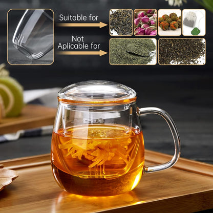 Glass Tea Cup with Infuser and Lid, 17.6Oz/520Ml Large Borosilicate Teacup,Tea Glass, Clear Mug for Loose Leaf Tea, Blooming Tea, Microwave & Dishwasher Safe - Tea Maker Gift for Birthday.6