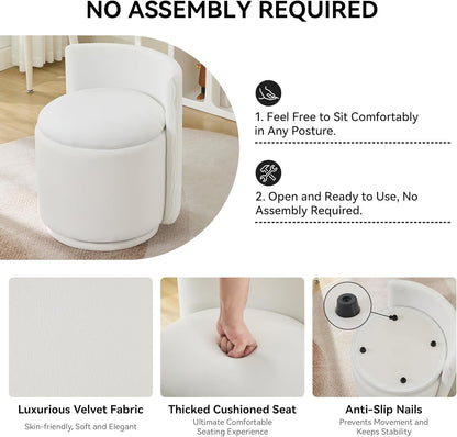 Velvet Vanity Chair with Storage, 360° Swivel Makeup Chair with Wave Back, No Assembly Small Accent Stool for Bedroom, Dressing, Living Room, White4