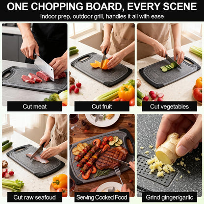 Plastic Cutting Boards Set of 3,BPA Free,Dishwasher Safe | Thick Chopping Boards for Kitchen with Deep Juice Grooves, Non‑Slip Feet, Easy Grip Handle, Grinding Area, Black4