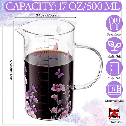 Glass Measuring Cup 16Oz/2Cups/500Ml Easy to Read V-Shaped Spout High Borosilicate Glass Measuring Cup with Bamboo Lid Stirring Spoon and Brush for Coffee Kitchen Baking Cooking(Purple Flower)2