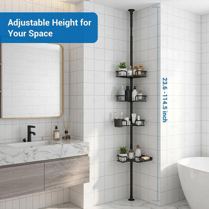 4-Tier Corner Shower Caddy Tension Pole, Floor to Ceiling Shower Corner Shelf Organizer with Soap Hold No-Drill 23.6-114.5 Inch (Black Old)6