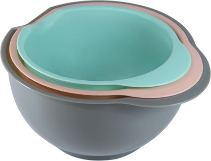 Set of 3 Mixing Bowls with Pour Spout-Nesting Design Saves Space - Non-Slip, BPA Free, Dishwasher Safe Plastic - Kitchen Cooking and Baking Supplies (Green Pink Grey)8
