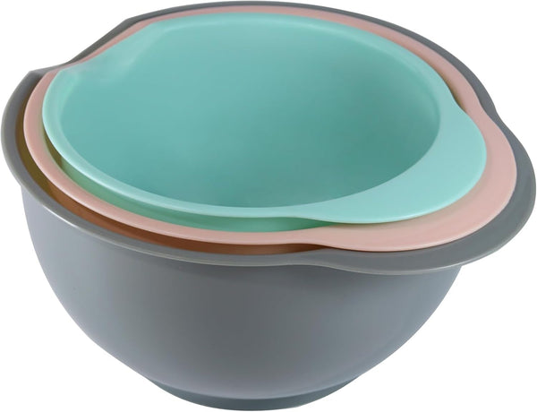 Set of 3 Mixing Bowls with Pour Spout-Nesting Design Saves Space - Non-Slip, BPA Free, Dishwasher Safe Plastic - Kitchen Cooking and Baking Supplies (Green Pink Grey)8