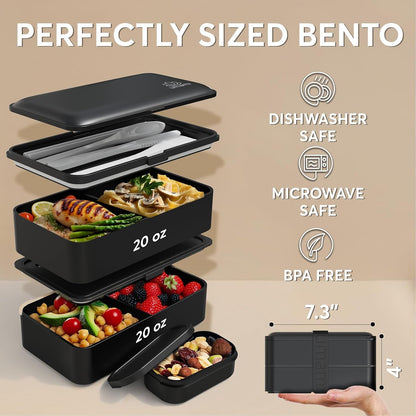 Bento Box Adult, Leakproof, All-In-1 Lunch Containers for Adults | 40 Oz, Microwave & Dishwasher Safe, 4 Utensils & Sauce Jar Included, Stackable, Bpa-Free, Matte Black5