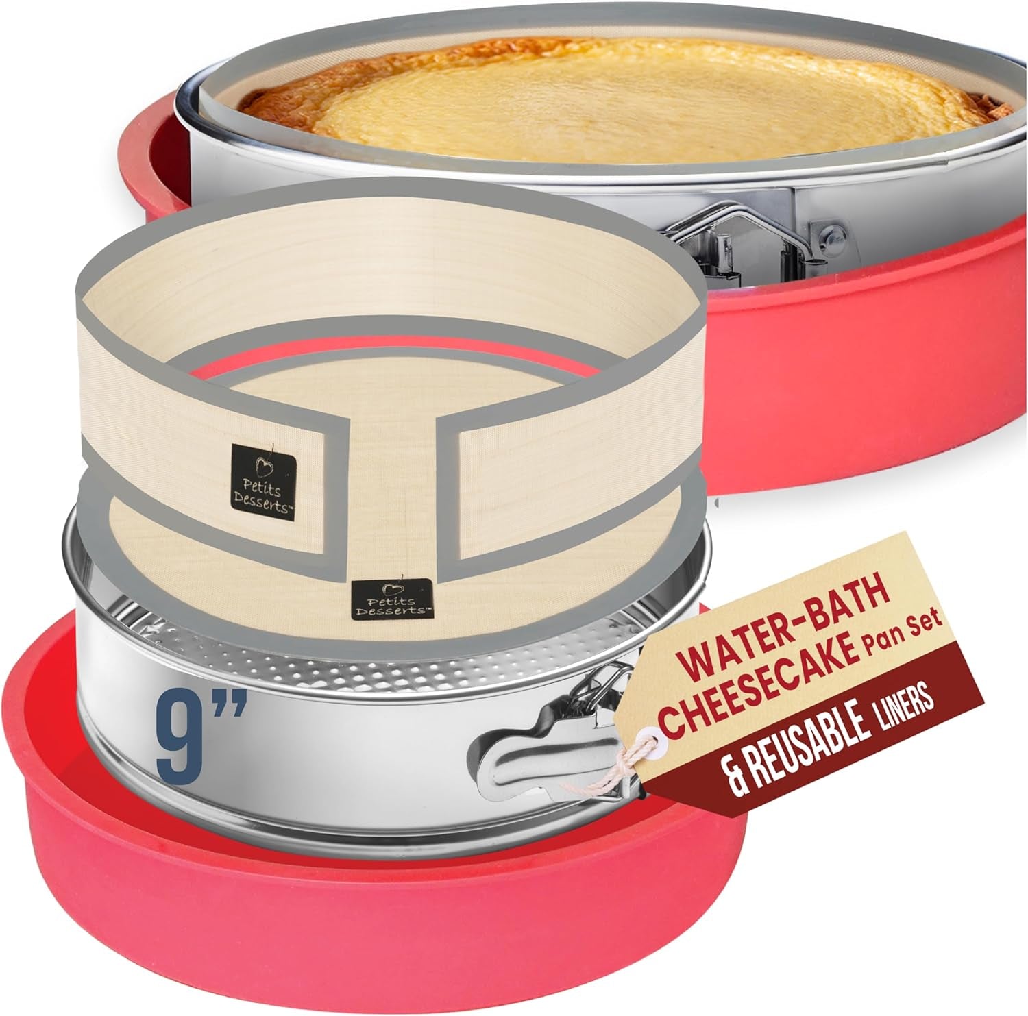 cheesecake-pan-9-inch-springform-with-2-reusable-non-stick-silicone-liners-with-silicone-sleeve-for-water-bath-baking-dishwasher-safe-components-0-4-mm-stainless-steel-pan-spring-lock-latch
