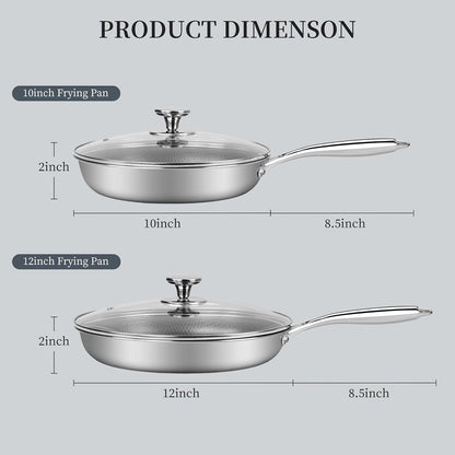 Non Stick Frying Pans, Stainless Steel Pan Set with Lid | Honeycomb Nonstick Coating, Pfoa-Free. Cool-Touch Handles. Compatible with All Stoves. Oven Safe&Dishwasher Safe.2