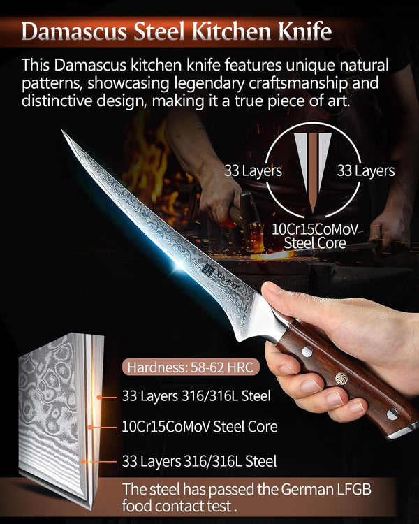 7 Inch Fillet Knife, Damascus Steel with 10Cr15Mov Core, Razor Sharp Boning Knife for Fish, Meat & Seafood, Rosewood Handle2