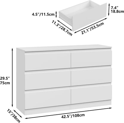 Modern 6 Large Storage Drawers Dresser for Clothes Organizer, White Modern Chest of Drawers for Closet, 42.5" Long Drawer Organizer Cabinet for Bedroom, Living Room, Entryway, Hallway2