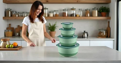 Plastic Mixing Bowls with Lids, 8-Piece Airtight Leak-Proof Nesting Bpa-Free Prep Bowl Set for Kitchen & Food Storage, 500Ml, 1300Ml, 2600Ml & 4200Ml, Microwave & Dishwasher Safe (Green)9