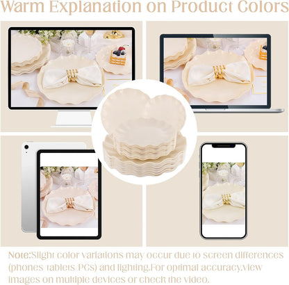 LIYH 24 Pcs Plastic Plates Reusable,Unbreakable Dinner Plates, Scalloped Plastic Plates, Dishwasher Safe,Ivory Plate Sets Perfect for Parties, Birthday, Picnics, BPA Free(12Guests)9