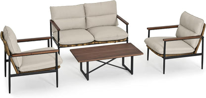 4-Piece Outdoor Furniture Set, Aluminum Patio Converation Set with Wicker Seat and Acacia Wood Armrest, Loveseat Sofa Set with Olefin Cushion and Wood Table for Garden Lawn Backyard8