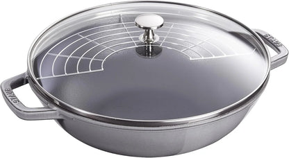 Staub Cast Iron Perfect Pan, Wok, Dutch Oven, 4.5-Quart, Serves 4-5, Made in France, Graphite Gray, Made in France1