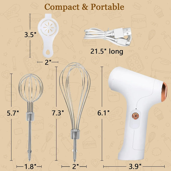 Cordless Hand Mixer, Handheld Electric Whisk with 3 Speed Modes, Hand Held Egg Beater with 2 Detachable Stir Whisks (White)6