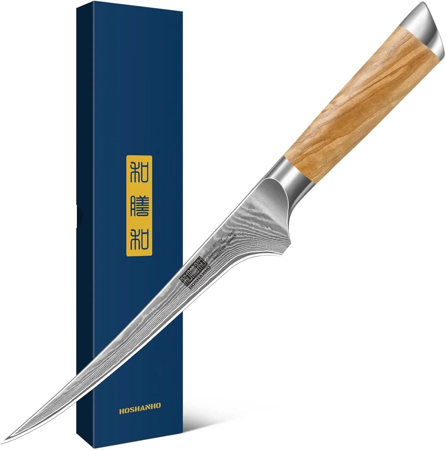 Japanese Damascus fillet knife with olive wood handle next to blue HOSANHO box