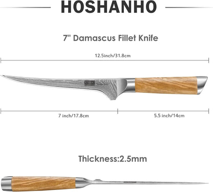 HOSHANHO 7-inch Damascus fillet knife with olive wood handle and 2.5mm blade thickness