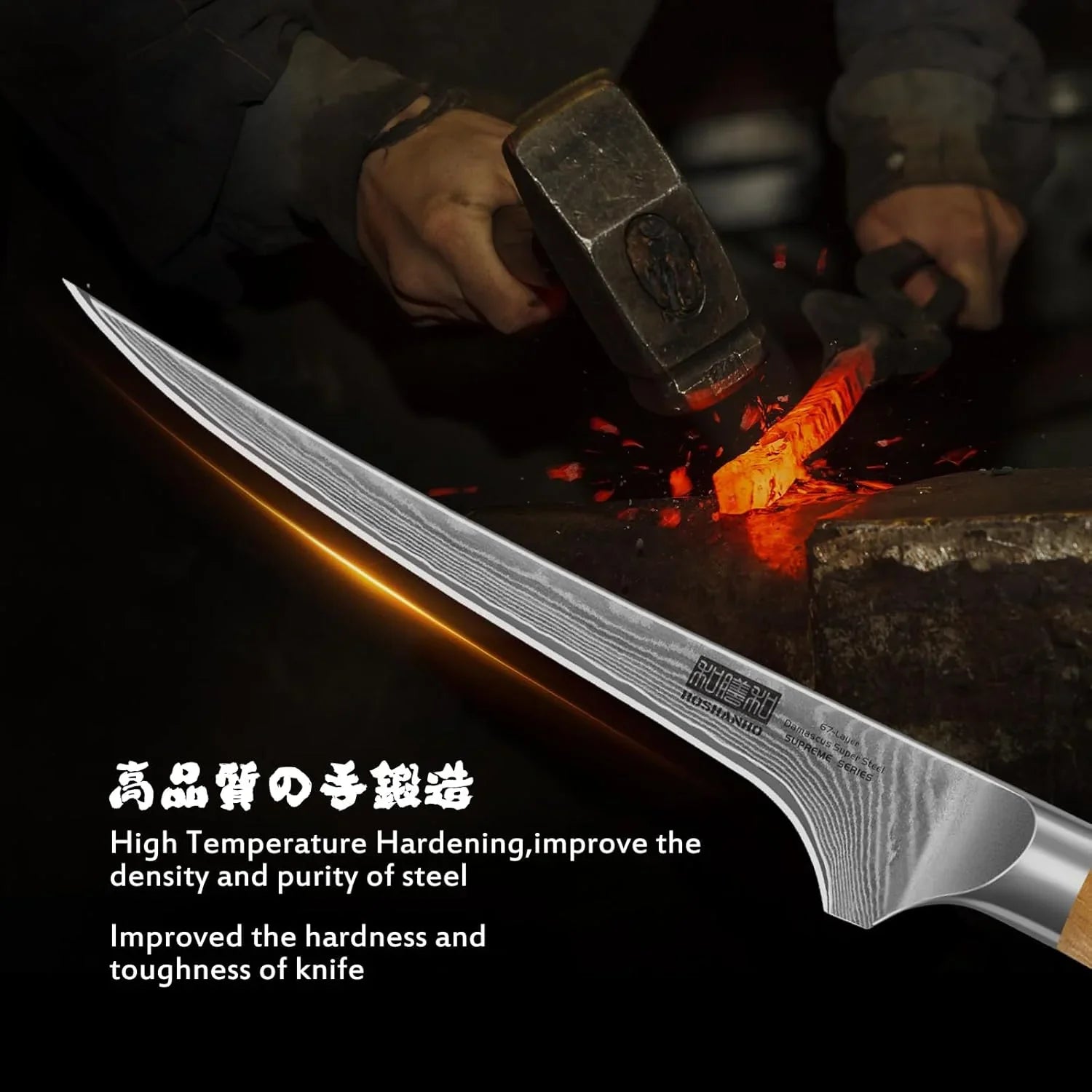 Damascus fillet knife with olive wood handle and patterned steel blade, shown with blacksmith hammering glowing steel