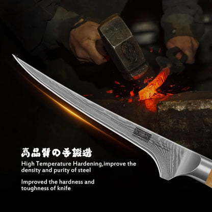 Damascus fillet knife with olive wood handle and patterned steel blade, shown with blacksmith hammering glowing steel
