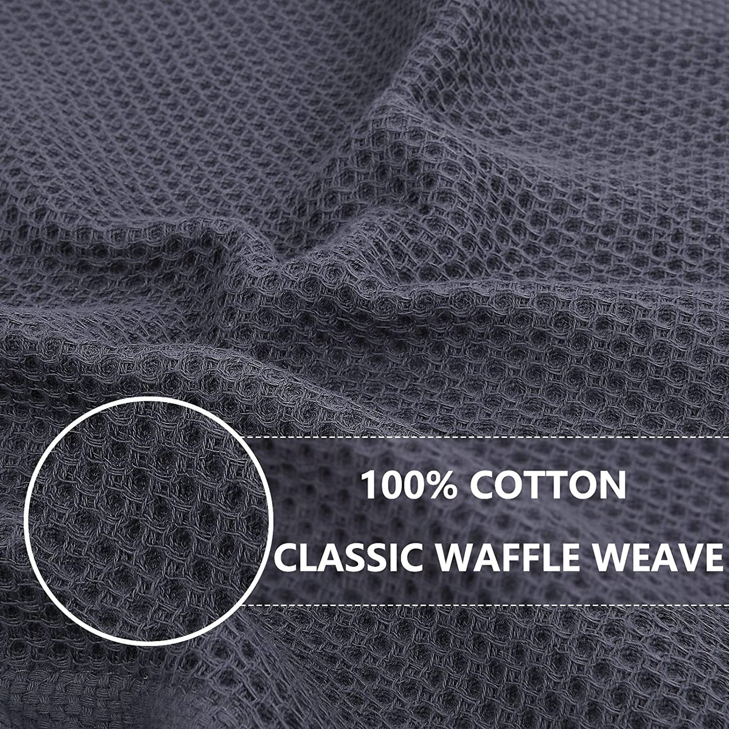 Close-up of the dark grey waffle weave texture on a cotton kitchen dish cloth.