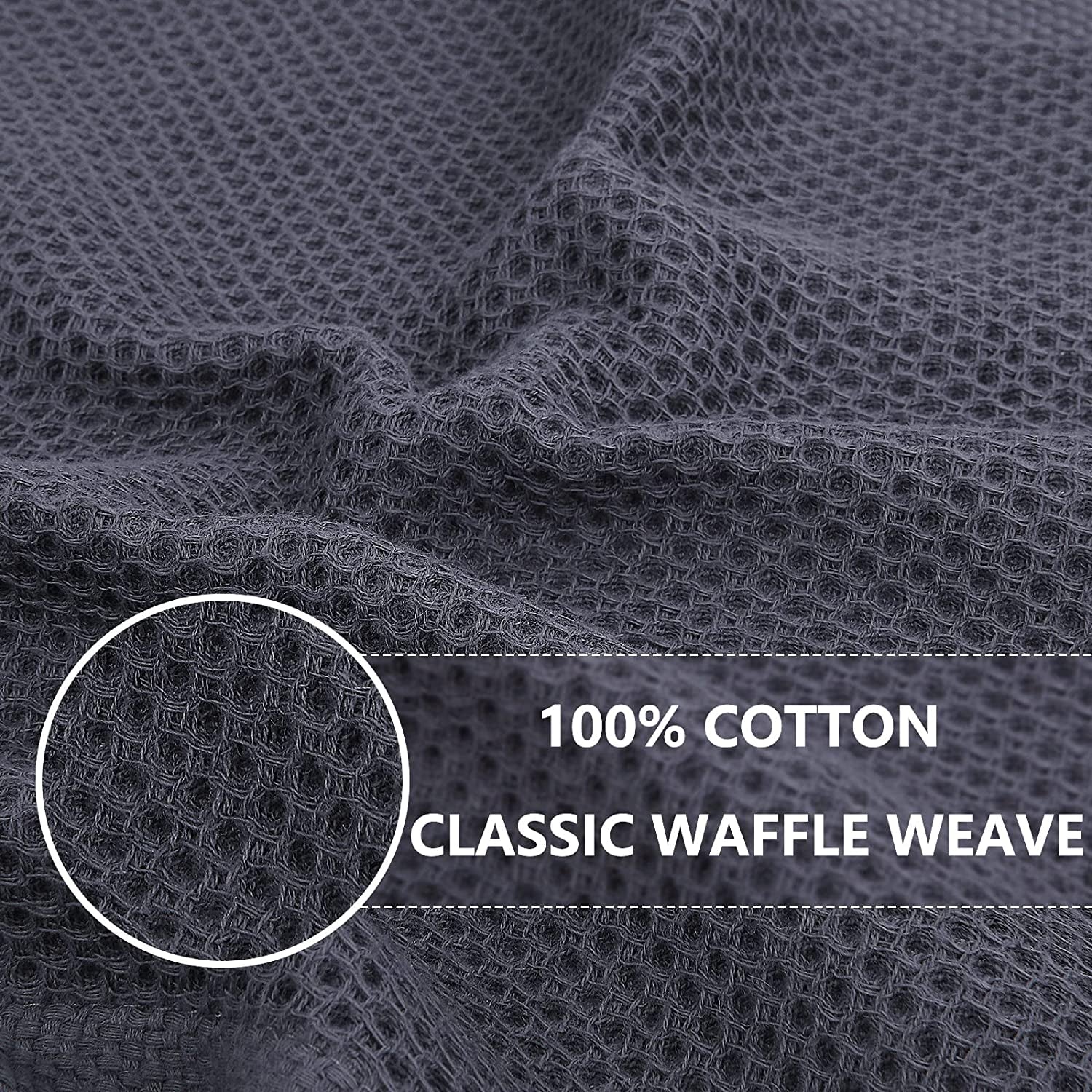 Close-up of the dark grey waffle weave texture on a cotton kitchen dish cloth.