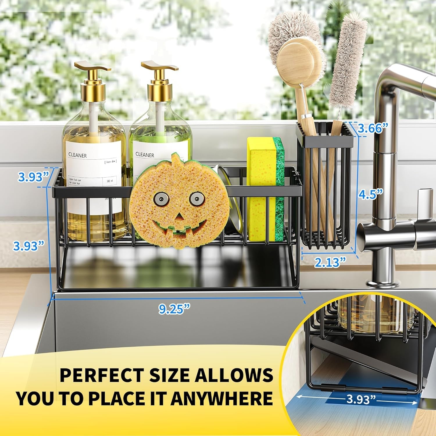 kitchen-sink-caddy-organzier-with-high-brush-holder-sponge-holder-for-sink-304-rustproof-stainless-kitchen-countertop-soap-dispenser-organizer-black-with-smiley-face-holder-9-25