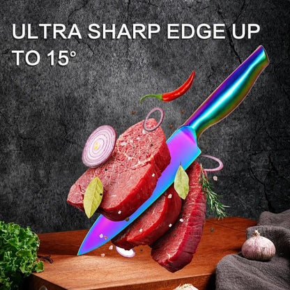 8-Piece Rainbow Kitchen Knife Set with Black Block Luxury Gifts | Rainbow Titanium-Coated Stainless Steel Chef Knife Set with Sharpener,Sharp,Non-Stick,Ergonomic Handle,For Modern Kitchen2