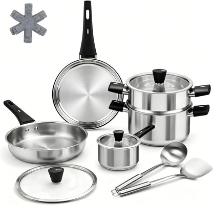 Stainless Steel Cookware Set, 14-Piece Pots and Pans Set, Kitchen Cookware Set with Stay-Cool Handle, Non-Toxic, Dishwasher Safe & Compatible with All Stovetops (Gas, Electric & Induction)1