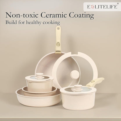 Nonstick Cookware Sets with Detachable Handle,Ceramic Coating Pots and Pans Set Kitchen Cooking Set, Compatible with All Stovetops, PTFE & PFOA Free, White, 10 Pcs Set8