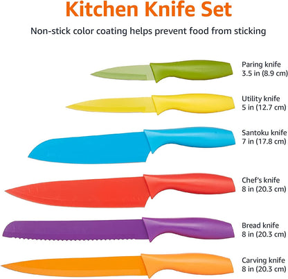 Color-Coded Dishwasher Safe Kitchen Knife Set, 12-Piece with Ergonomic Handles, Non-Stick Sharp Blades, 6 Knives with 6 Blade Guards, Multicolor, 13.88 X 4.13 X 1.38 Inch5