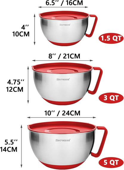 Stainless Steel Mixing Bowls Set with Lids,1.5,3 & 5 Qt,Red3