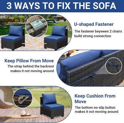 5-Piece Patio Furniture Set, All-Weather Outdoor Wicker Sectional Sofa with Cushions, Tempered Glass Table & Ottoman,Rattan Conversation Seating for Porch, Garden, Backyard,Navy6