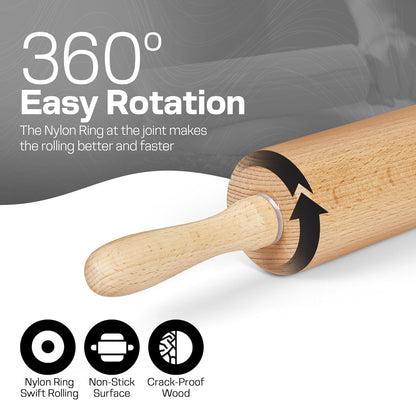 Wooden Rolling Pin, Beech Wood, 17.6" Dough Roller for Baking | Ergonomic Handles, Nylon Bearings, Baking Pizza, Bread & Cookies, Pasta, Dough Roller3