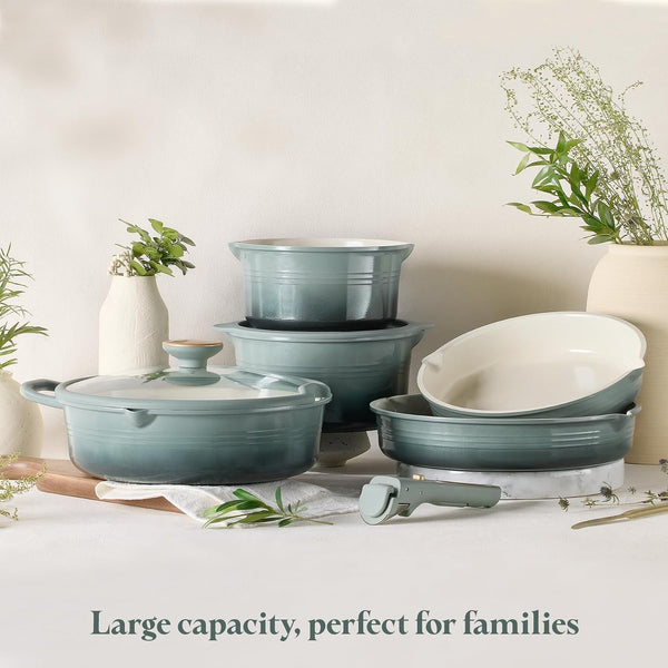 20Pcs Titanium Cookware Set, Pots and Pans Set Detachable Handle | Non-Stick, Non-Toxic, PFAS and PFOA Free, Induction Compatible, Dishwasher & Oven Safe, Space Saving, Camping Cooking, Green7