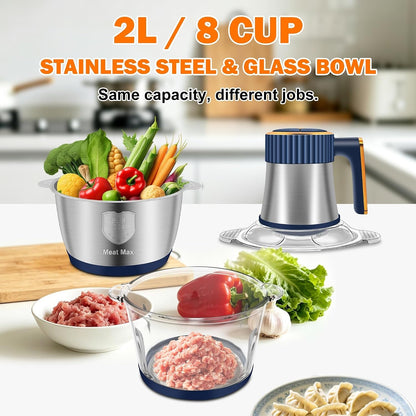 Food Processor, 5 Speed Meat Grinder with 2 Bowls(8 Cup+8 Cup), Blue | 4 Bi-Level Blades Electric Food Chopper, Mini Kitchen Cutter for Vegetable Onion Garlic Meat2