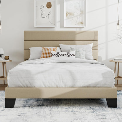 Full Platform Bed Frame with Upholstered Fabric Headboard, Beige1