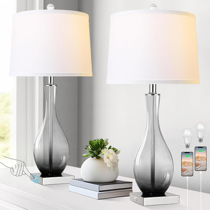 27" Glass Table Lamps with USB Ports, Touch Bedside Desk Lamps Set of 2 | 3-Way Dimmable,E26 Base, Bulbs Included, Gray Gradient Lamp Body, Modern Nightstand Lamps for Livingroom, Bedroom, Office1