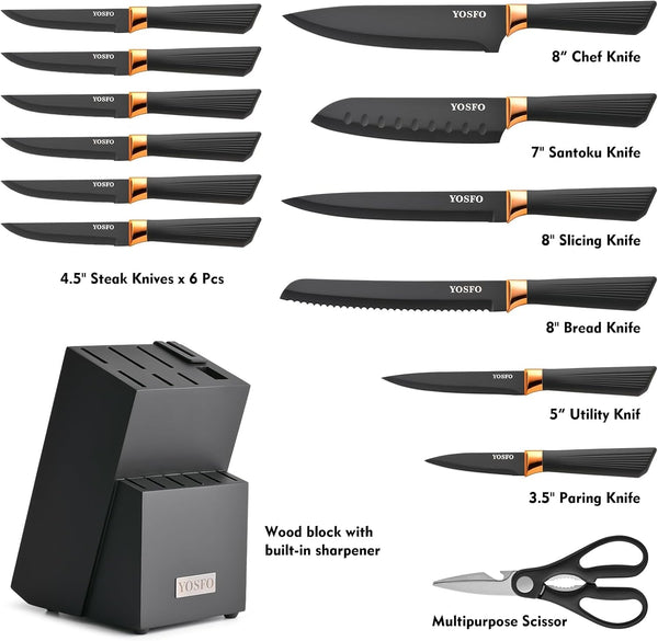 Kitchen Knife Set,15 Pcs Knife Set with Block and Sharpener,High Carbon Stainless Steel Ultra Sharp,Dishwasher Safe2