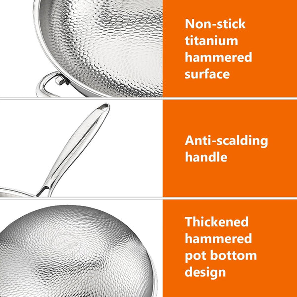 Titanium Hammered Wok, 2026 Upgrade Double-Side Hammered Frying Pans Nonstick, Non-Stick Wok,Durable Scratch-Resistant Non Stick Titanium Pans for Cooking,With Lid,14In8