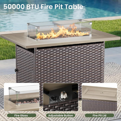 Luxury Patio Furniture Set with 6-Inch Thick Cushion, Outdoor Furniture with Fire Pit Table, Swivel Chairs, Sofa, Side Table, Ottomans, 9Pcs Wicker Conversation Set(Brown Wicker/Grey Cushion)3