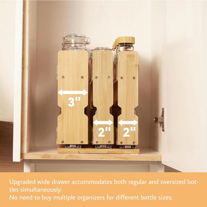 Bamboo Pull Out Spice Rack Organizer for Cabinet, 3 Slide-Out Drawers(2"&3") with Wide Drawer for Large Bottles, Kitchen Pantry Heavy-Duty Sliding Vertical Organization, 8.6"W,2-Tier,Natural2