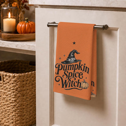Halloween Kitchen Towel - Pumpkin Spice Witch - Orange Decorative Dish Towel for Fall Kitchen Decor, Spooky Farmhouse Hand Towel for Baking, Coffee Bar, Party, Home Decor & Gift ( 16" X 24" )- 014