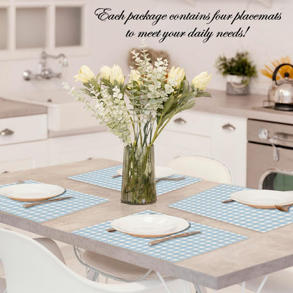 Blue and White Gingham Linen Placemats Set of 4, Waterproof Washable Heat Resistant Place Mats 12X18 Inch, Table Mat for Restaurant Outdoor Indoor Home Kitchen Party Dining Decoration-155