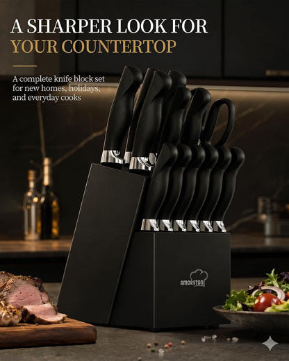 Knife Set 15 Piece Kitchen Knife Set with Block | Built in Sharpener, German Stainless Steel, Dishwasher Safe, Black Kitchen Knives Complete Set, for Home Cooking & Gifting8