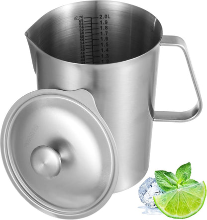 2L Stainless Steel Pitcher with Lid, 70 Oz Measuring Cup with Dual-Scale Markings, Milk Frothing Jug, Large Beaker for Espresso Machine, Hot/Cold Water, Latte Art, Iced Tea1