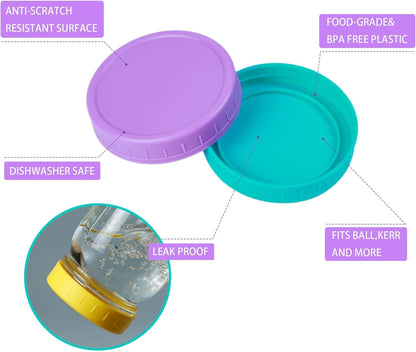 9 Wide Mouth Mason Jar Lids with Silicone Ring,Thickened Leak-Proof Lids Fit Ball,Kerr and More, 9 Color Plastic Lids, 86Mm Plastic Mason Jar Lids2