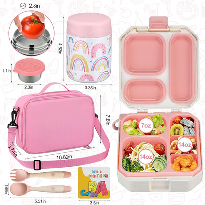Bento Lunch Box for Kids with 12Oz Soup Thermo Leak-Proof Lunch Food Container with 5 Compartment Thermo Hot Food Jar and Insulated Lunch Bag for Kid Toddler Girls Boys to School6