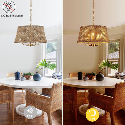 19.7" Boho Rattan Chandelier, 5-Light Gold Wicker Light Fixture5