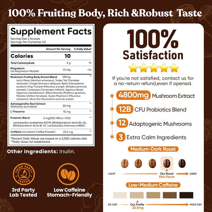 Mushroom Coffee, 12 Mushrooms, Focus & Digestion, 40 Servings | 12 Adaptogenic Mushrooms with Lion'S Mane, Cordyceps, Reishi, Turkey Tail, Ashwagandha & Probiotics, Low Caffeine & Calories3
