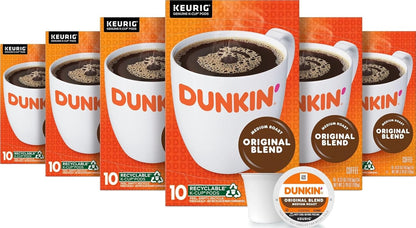 Dunkin’ Original Blend Medium Roast Coffee, Keurig K-Cup Pods, 60 Count | 6 Boxes of 10 Single Serve Coffee Pods Each, Rich & Smooth Flavor, Made with Arabica Coffee, Shelf Stable, SNAP EBT Eligible1