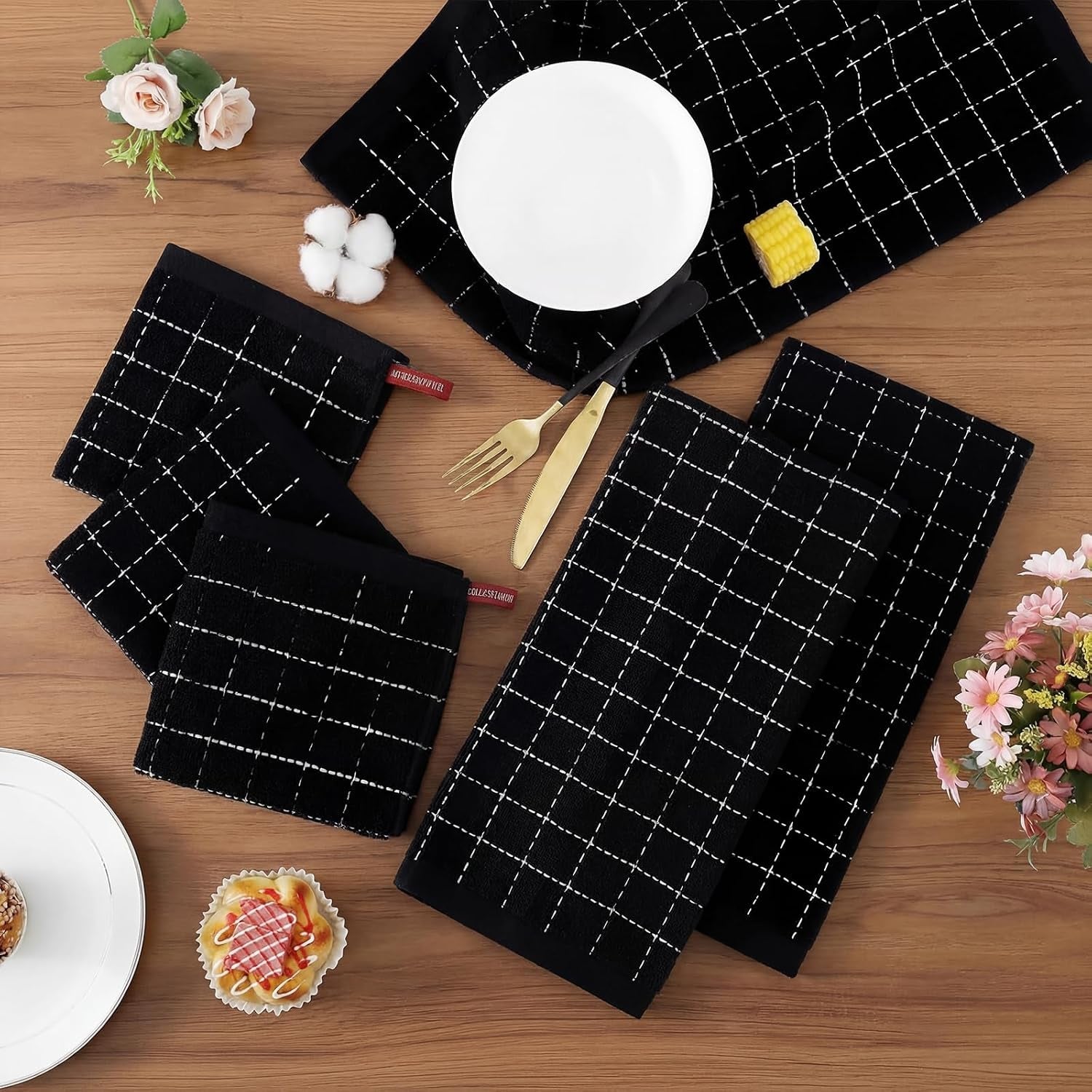 kitchen-towels-and-dishcloths-set-set-of-8-black-bulk-cotton-terry-kitchen-towels-checkered-designed-soft-and-super-absorbent-dish-towels-12-x-12-and-13-x-28-inches